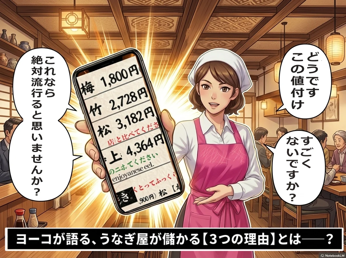 沼津 うな匠のメニューを、スマホで見せる、店員ヨーコ
