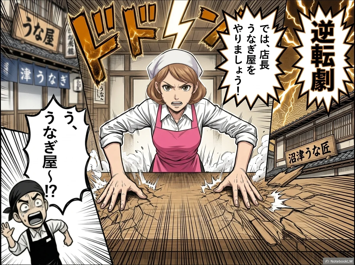 店長に、うなぎ屋への業態変更を、激しく提案する、店員ヨーコ